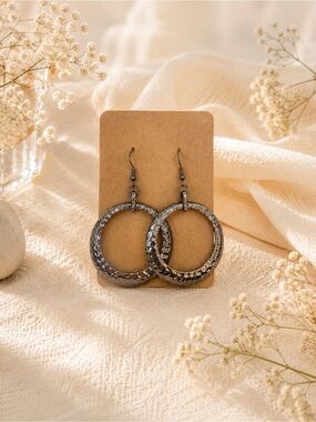 Hammered Hoop Drop Earrings - Black Metal Fashion Jewelry NWOT